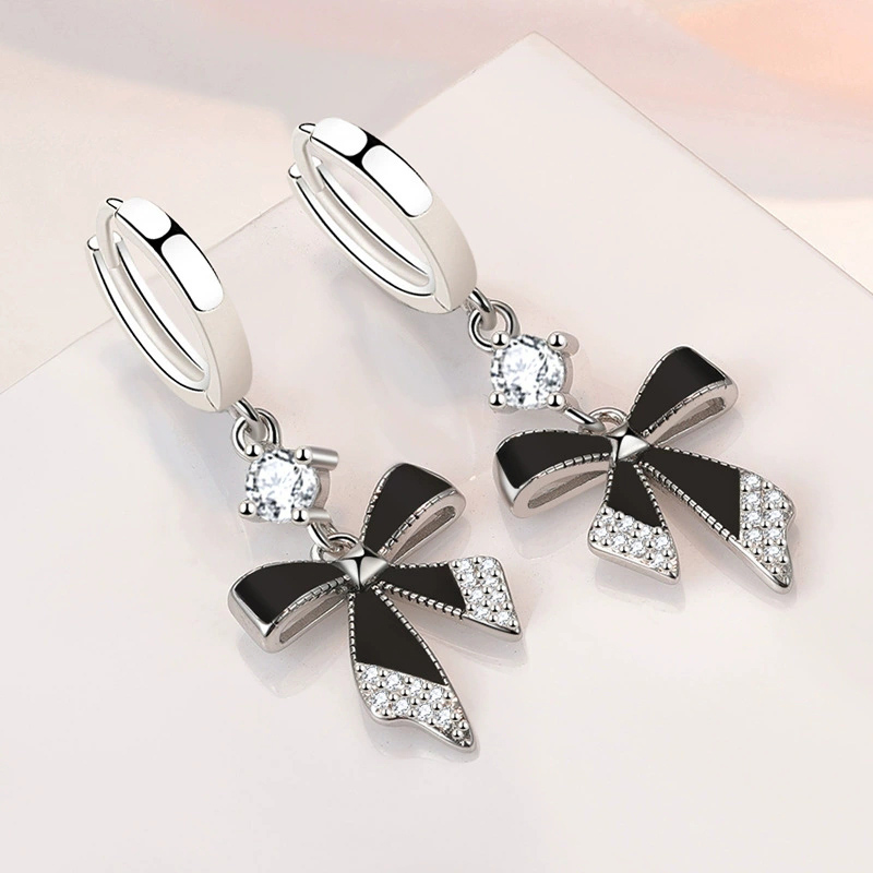 Black Bow Earrings Long Style  - Tie Clip Silver 评论和价格