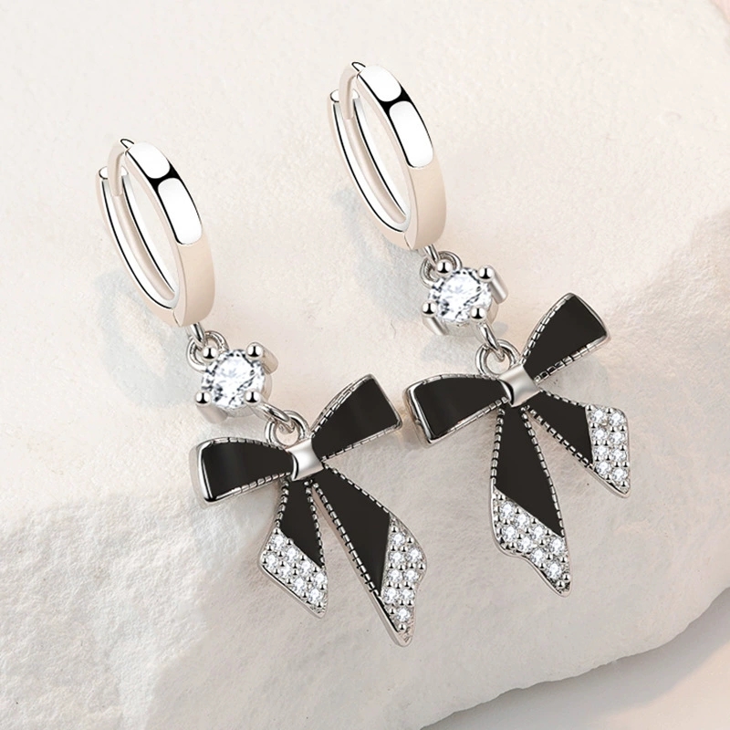 Black Bow Earrings Long Style  - Tie Clip Silver 评论和价格
