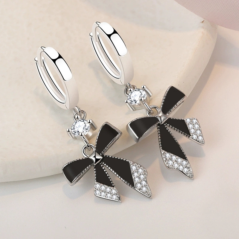 Black Bow Earrings Long Style  - Tie Clip Silver 评论和价格